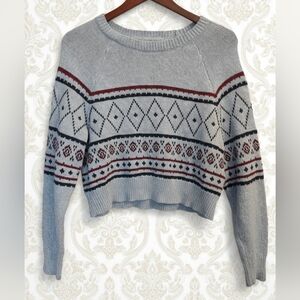 American Eagle Outfitters Fair Isle Cropped Crewneck Sweater - Blue/Burgundy - S